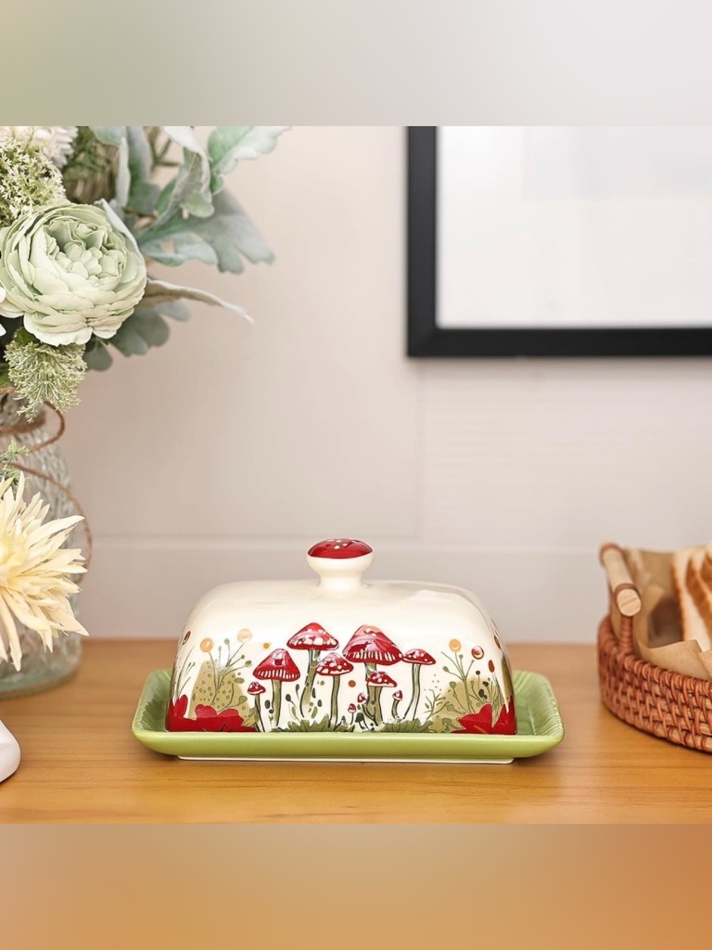 Kawaii Retro vintage boho style Ceramic whimsical MUSHROOM butter dish and lid